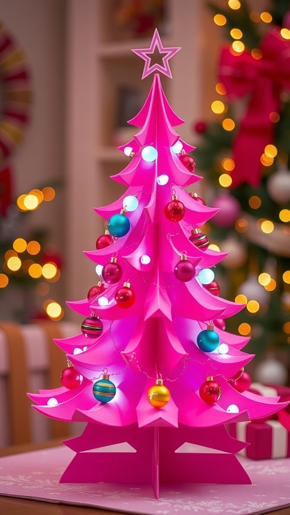 A DIY 3D pink Christmas tree decoration with colorful ornaments and lights.